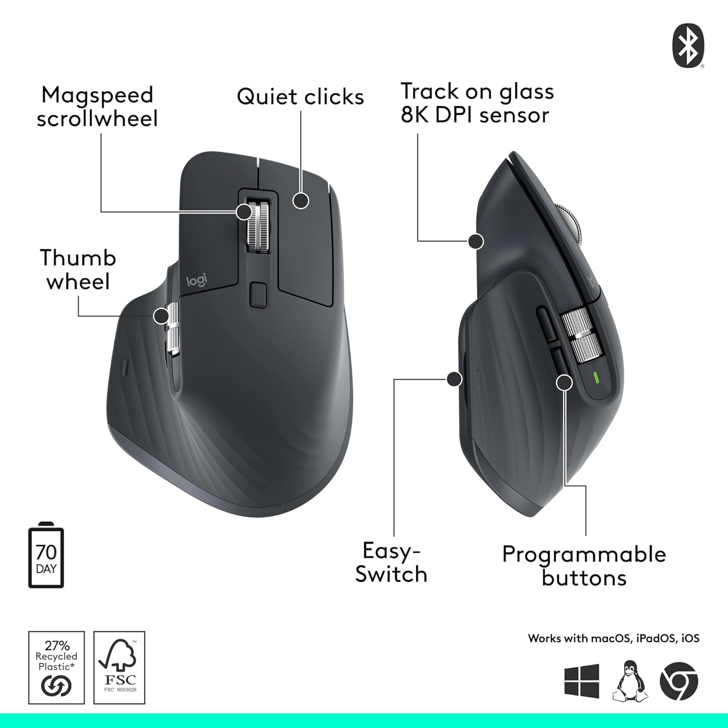 Logitech MX Master 3S Bluetooth Edition Wireless Mouse, No USB Receiver - Ultra-Fast Scrolling, Ergo, 8K DPI, Track on Glass, Quiet Clicks, Works with Apple Mac, Windows PC, Linux, Chrome - Graphite - Image 5